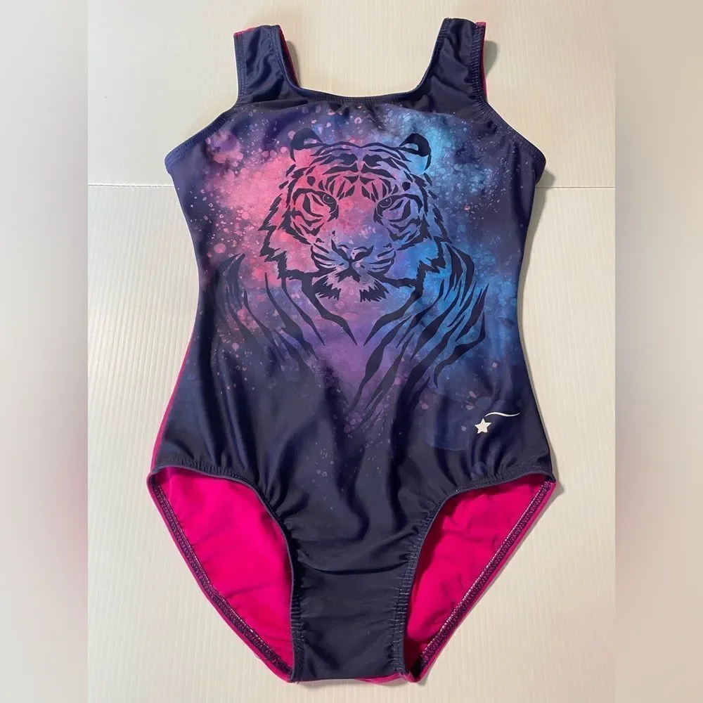Destira elite gymnastics tank blue hot pink back leotard tiger XLC child